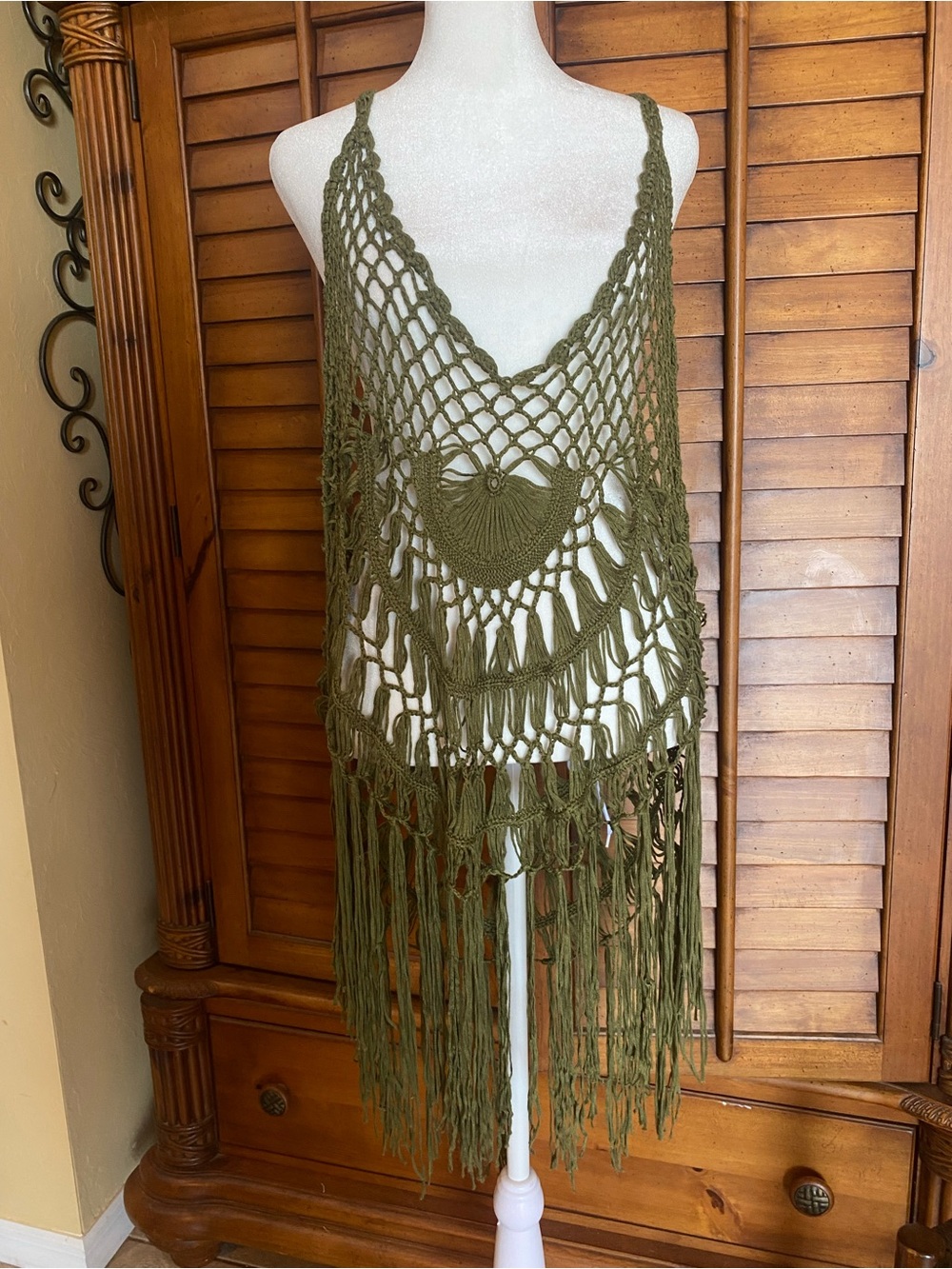Ekouaer Olive Green Crochet Fringe Cover-Up XXL
